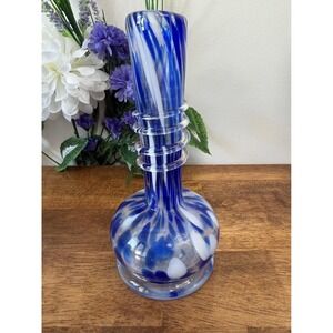 Vintage Cobalt Blue White Swirl Hand Blown Art Glass‎ Vase Applied Ring Detail
